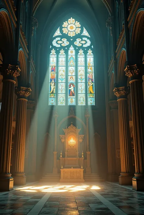 A hyper-realistic scene inside an ancient Gothic church. The interior is dimly lit, with rays of light gently streaming through large, intricate stained-glass windows, casting colorful reflections on the stone floor. The walls are adorned with detailed car...