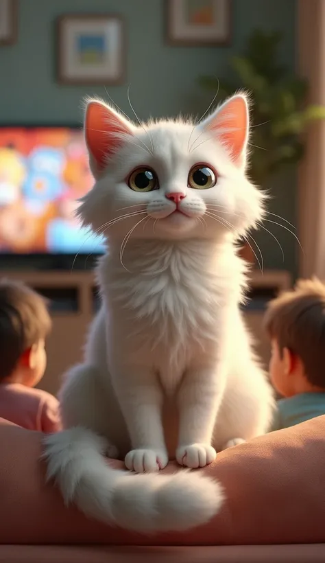 A white realistic floppy cat watching TV with family