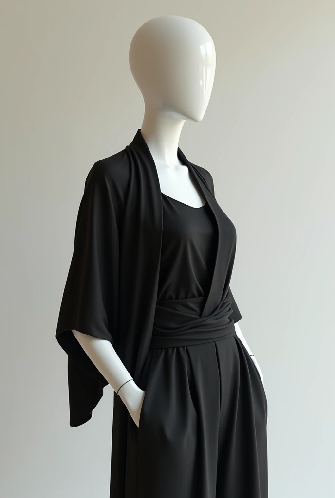 female mannequin wearing two garments, a black sleeveless top, a kimono hanging on her shoulders without sleeves, chest back belt opening