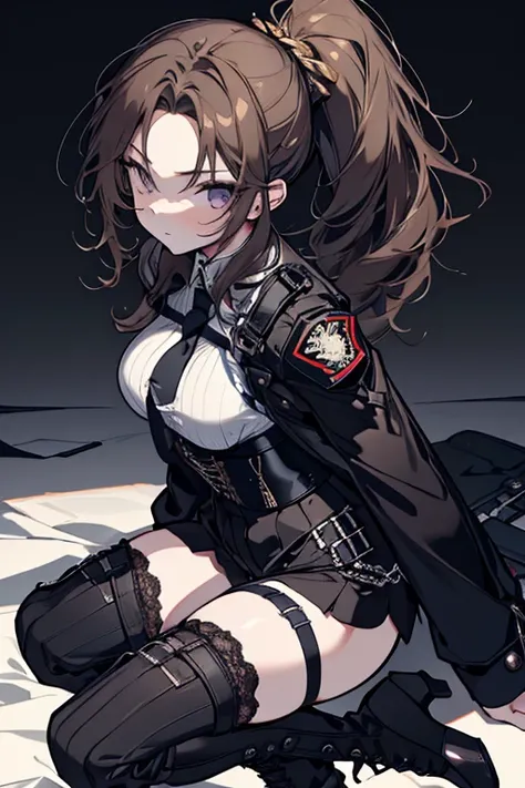 1 girl、Mature、Ample breasts、Long eyelashes、Long Hair、Dark Brown Hair、Curly Hair、ponytail、ハイponytail、Slicked back、Police、Policeの帽子、Short sleeve、tie、corset、Cargo pants、whip、Long boots、Lace-up boots、Stiletto heels、High heels、Live、Diva、Liveステージ、Beautiful Face、...