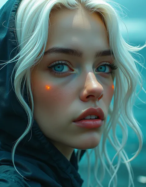 an image of a young woman with white hair, in the style of ross tran, light teal and dark orange, guido van helten, close-up photos, comic art, realistic seascape raw photo, exceptional details, vivid colors, and high-resolution, highly detailed, hyper-max...