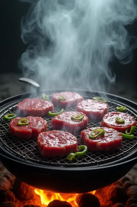 There&#39;s fire down there、There is an iron mesh on top and 6 slices of raw meat are grilled.、Green pepper string，Transparent smoke