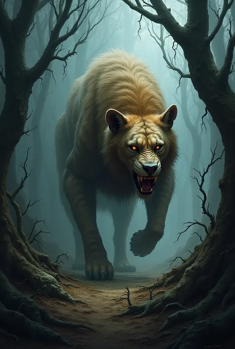 Mix to lion and hyena ,appearance monster,The environment is a dark forest 