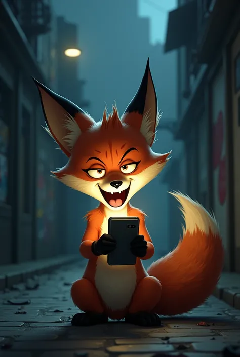 scammer Fox In The Hood in a state of shock Looking at the phone