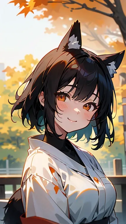 1 girl、Anime style painting、Upper body close-up、邪悪なsmile、Black Hair、smile、White shirt、Perfect lighting、autumn leaves々、Momiji Park、Background Blur, Written boundary depth，Dog ears