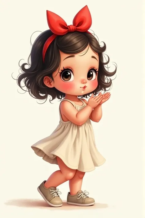 Drawing of a baby with black eyes, wavy hair with red bow, with tank top dress, with nude sneakers, throwing kiss