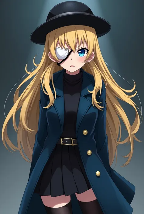 blonde girl with blue eyes. She wears a white eye patch and a black hat.. She wears a dark blue overcoat and black stockings and black shoes.. She is sarcastic and malicious, very strong. She has very long hair.  anime.