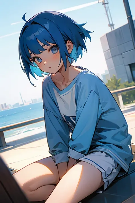 Angle view,anypose, a girl with short blue hair ,casual clothes