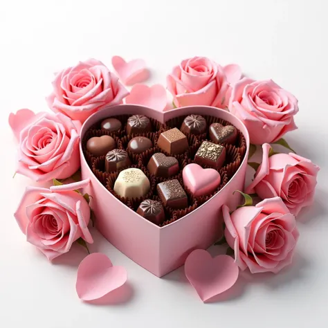 The composition is pink roses, with chocolates, in a gift box, in the shape of a heart, on a white background.8K textures,high detail