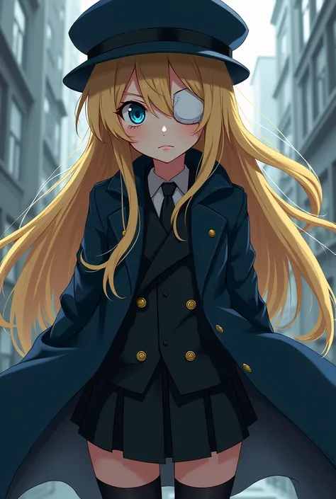 blonde girl with blue eyes. She wears a white eye patch and a black hat.. She wears a dark blue overcoat and black stockings and black shoes.. She is sarcastic and malicious, very strong. She has very long hair.  anime.