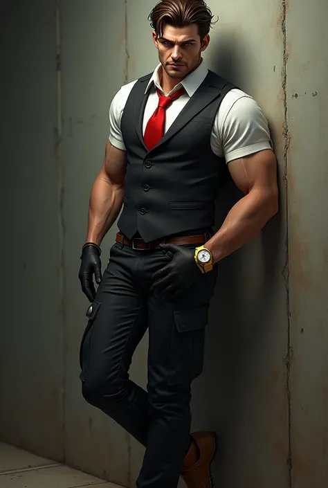 (photorealism:1.3), a menacing aura man with perfect brown hair, red cold pupils,a grin on his face,,evil, white t-shirt black vest covering most,black gloves, black cargo pants,red tie,a yellow watch,brown boots,hands in pockets, menacing stare, leaning a...