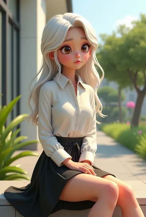     desenho animado A 3D photo media of a young smart digital designer with small, expressive brown eyes and long, wavy white hair. She is outdoors sitting near a building. The woman is wearing a light white shirt with a black knee-length skirt, a crumpled...