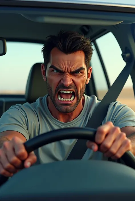 draw a man in grey shirt who is driving a car. show that his face is angry.