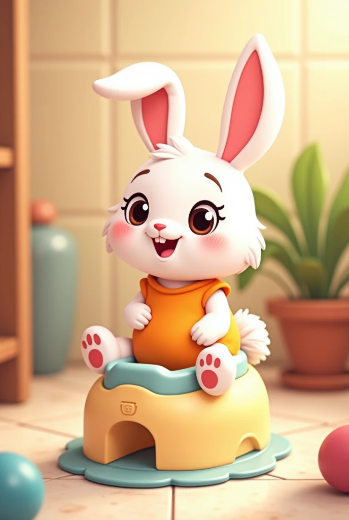 Make a cartoon style bunny with a sleeveless shirt sitting on a training potty