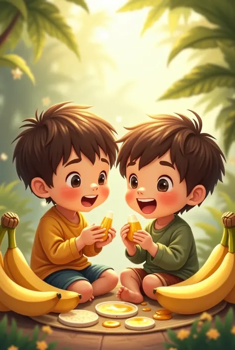 Cute boys eating bananas with honey 