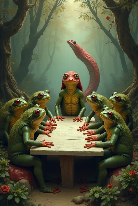 last supper landscape photo replaced with frogs and a red capped snake in background 
