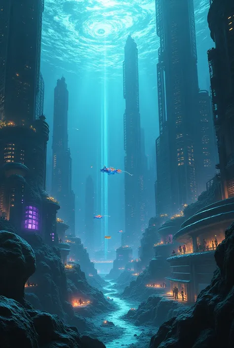 A massive, glowing city beneath the ocean, with towering glass buildings, bioluminescent marine life, and people traveling in bubble-like submarines."