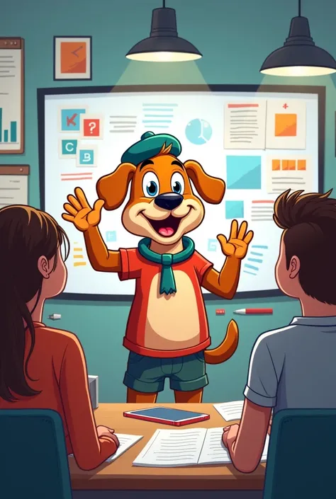 Use the dog cartoon mascot as a face to educate a level 100s in the graphic design department 