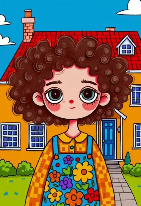 cartoon girl with curly hair and blue eyes standing in front of a house, cartoonish cute, cartoon digital art, patchwork doll, colorfull illustration, in style of digital illustration, colorful illustration, hand painted cartoon art style, digital art cart...