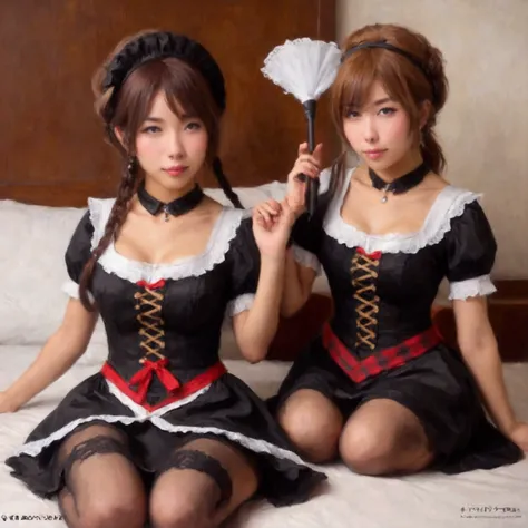 A seductive maid (cute yuna, age 20, amazing butt, slim waist, sheer sexy maid lingerie), playing the bag pipe to lull her Lesbian employer to sleep, bedroom
