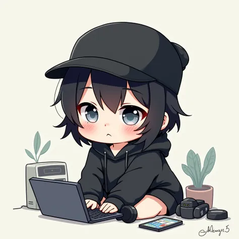 Round eyes,Narrow eyes,Droopy eyes,Chubby,One person,Black Hair, Asymmetrical bangs, Parting the bangs,Blue Eyes,Droopy eyes,Black hoodie,Black hat,Smartphone,PC,Simple background,cool,Defaults,Illness,Confused eyes,Distributor,Chibi Character