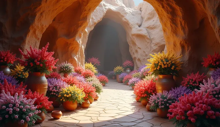 The interior of an illuminated cave filled with pots of Arabian flowers 