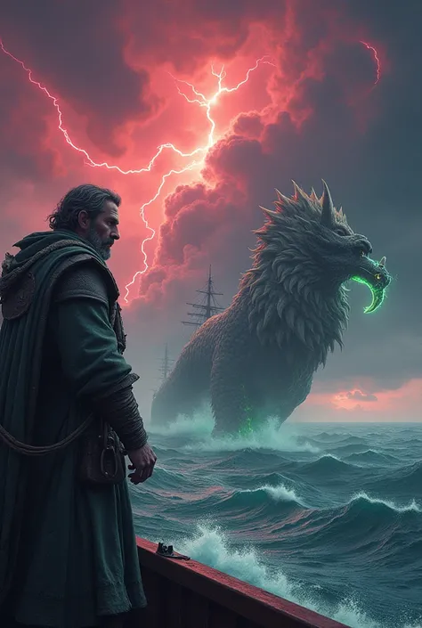 A capitan with his diving ship and wheather is scarring with red purple thunder and a dragon with lion is playing with green flame of fir in sky in 4k