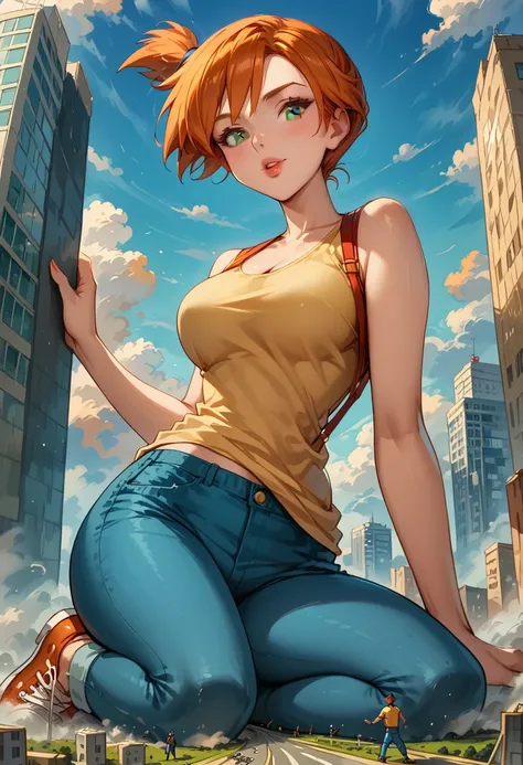 Dark Fantasy Art of score_9, score_8_up, score_7_up, rating_questionable, fantasy, lighting, epiCPhoto 1girl, mature woman, very sexy (Misty_Pokemon), (short hair, orange hair, one side up hair, green eyes, medium breasts, skinny), cleavage, (yellow t-shir...