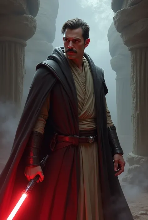 Jedi thin brown man, black hair and thin mustache. With red lightsaber. Dark side 