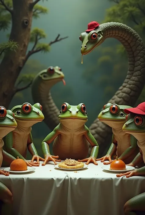 last supper landscape aspect ratio photo replaced with frogs and a snake in background wearing a red cap
