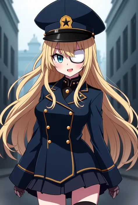 blonde girl with blue eyes. She wears a white eye patch and a black hat.. She wears a female military commander outfit in dark blue.. and black socks and black shoes. She is sarcastic and malicious, very strong. She has very long hair.  anime.