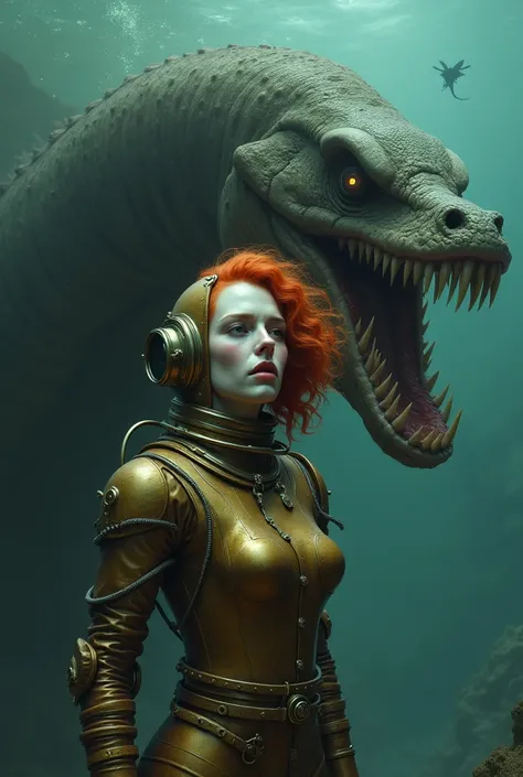 Cartoon red-head pale woman. Wearing a old brass diving suit. She looks at the creature  with fear and dispair on her face. She is wearing a brass helmet. A long neck creature is behind her, the creature looks like a underwater dinosaur mixed with a latge ...