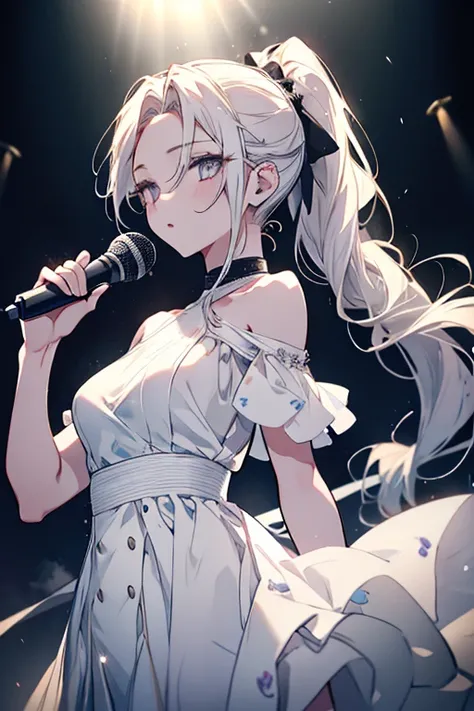 1 girl、Mature、Ample breasts、Long eyelashes、Long Hair、beautiful顔、ponytail、ハイponytail、Straight Hair、Slicked back、Shoulder Bare、White Dress、Diva、sing、Hold the microphone、Live Stage、Spotlight、cool、beautiful、