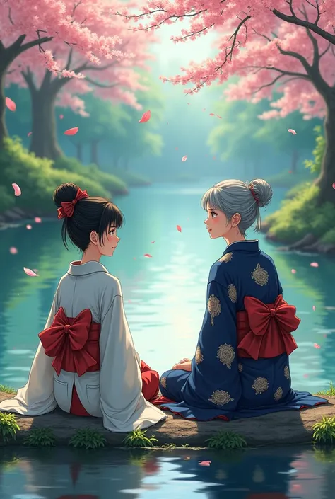 A young woman and an old woman sitting on the bank of a river in anime version 