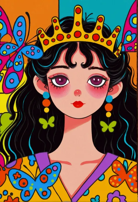 cartoon girl with a crown and butterfly earrings in front of a wall, hand painted cartoon art style, in style of digital illustration, colorful illustration, toyism, retro anime girl, digital anime illustration, in the art style of 8 0 s anime, close up ch...