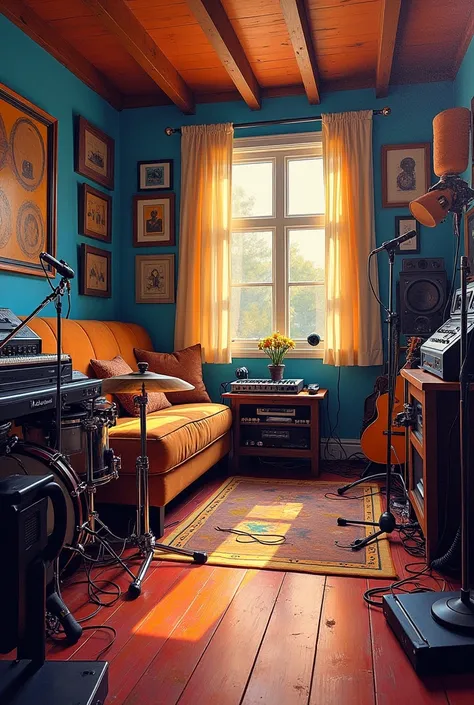 Artistic recording studio paintings and various instruments drums guitar,recording equipment and couch  