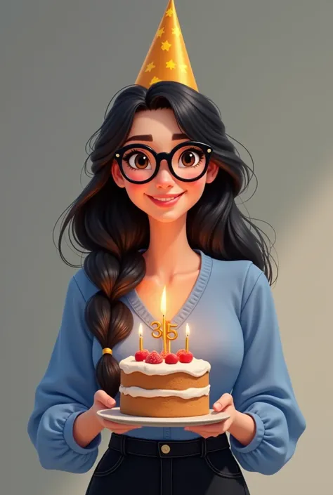 beautiful Disney style girl, with dark brown eyes, white skin color, long black hair in a braid, wearing black framed glasses, with a birthday hat on her head, and holding a birthday cake with a 35th birthday candle. she is wearing a blue blouse with black...