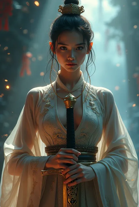 (looking up at viewer, facing viewer), digital art ilustration, depth of field, cinematic light, chiarosaurio, mist, particles, sparks,reflections, a female princess (Disney princess Mulan, Dilraba Dilmurat) wearing sexy chinese princess engraved dress hol...