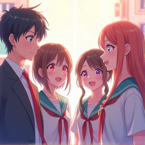 Two men and women,smile, Red-eyed woman,Look at, Simple Background, Pink eyed man,Anime Style,student,Cute