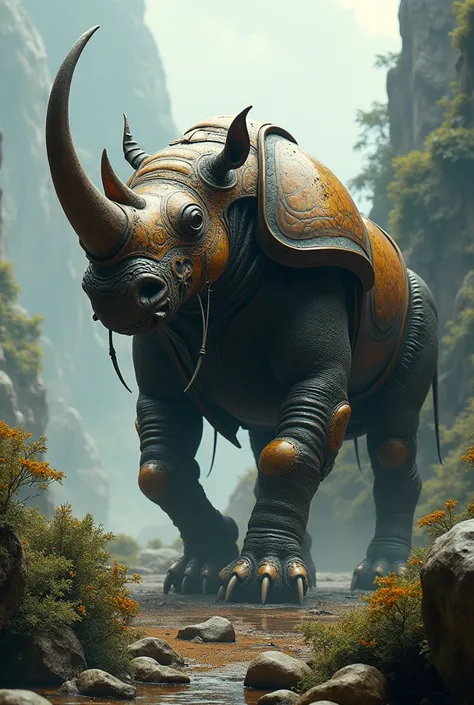 
A rhinoceros with the characteristics of a beetle, including a large horn covered by a shiny carapace, besides wings hidden under the armor.
