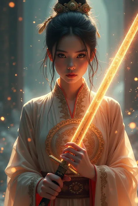 (looking up at viewer, facing viewer), digital art ilustration, depth of field, cinematic light, chiarosaurio, mist, particles, sparks,reflections, a female princess (Disney princess Mulan, Dilraba Dilmurat) wearing sexy chinese princess engraved dress hol...