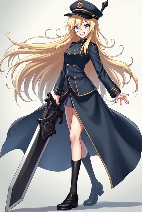 blonde girl with blue eyes. She wears a white eye patch and a black hat.. She wears a female military commander outfit in dark blue.. and black socks and black shoes. She is sarcastic and malicious, very strong. She has very long hair.  She holds a big swo...