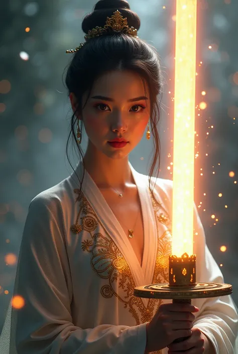 (looking up at viewer, facing viewer), digital art ilustration, depth of field, cinematic light, chiarosaurio, mist, particles, sparks,reflections, a female princess (Disney princess Mulan, Dilraba Dilmurat) wearing sexy chinese princess engraved dress hol...