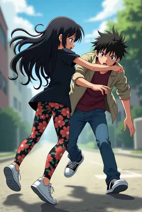 A teenage Anime girl with black hair in floral leggings and black short sleeve shirt and tennis shoes, drags a teenage boy in jeans and jacket by his hair 