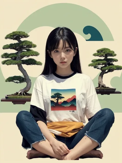 Japanese style、Bonsai T-shirt design、8k、simple、Ukiyo-e,