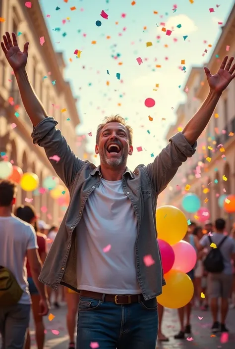 A photograph of a man celebrating with confettis and balloons on his back