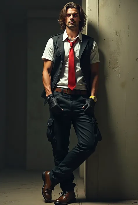 (photorealism:1.3), a menacing aura man with perfect  medium brown hair, red  pupils,a grin on his face,,evil, white t-shirt black vest covering most of the shirt,black gloves, black cargo pants,red tie,a yellow watch,brown boots,hands in pockets, menacing...