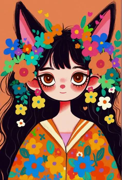 cartoon girl with horns and flowers in her hair, girl with cat ears, girl design lush horns, girl with fox ears, cute horns, car...