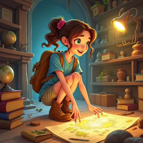 Illustration: Zara is kneeling in the attic, with the glowing map spread out on the floor in front of her. Surrounding her are old, mysterious objects—a globe, books with worn-out covers, and family relics.

Appearance: Zara has brown, curly hair tied in a...