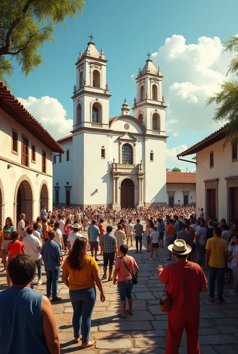 Old square in Latin America with a white church in the background with residents in a participatory assembly